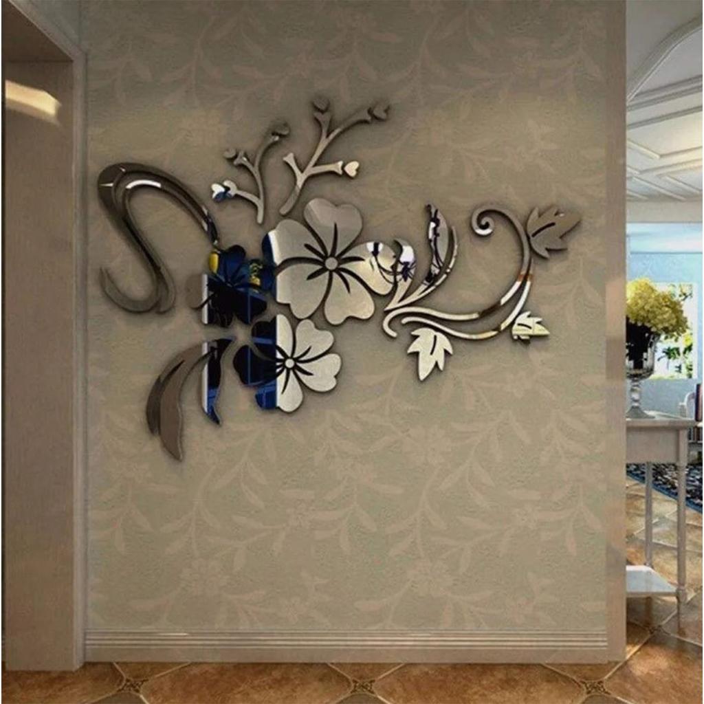 3D Mirror Mural Stickers Hibiscus Shaped Silver Acrylic Wall Sticker Decoration for Living Room