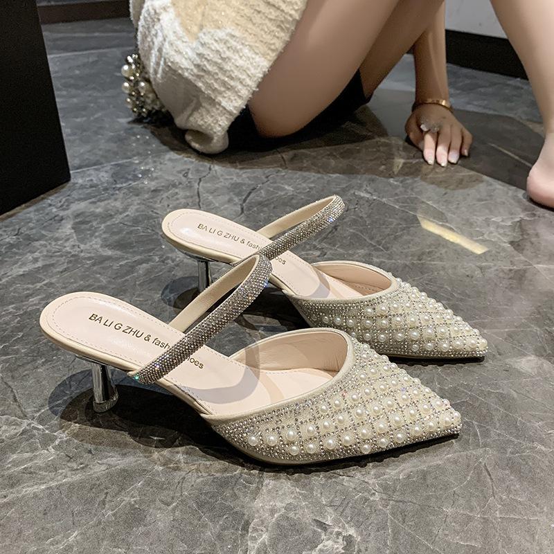 Pointed fashion sandals women 2025 summer new fashion rhinestone high heels Internet celebrity pearl two wear bag head slippers