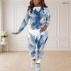 Women Plus Size Blue Beige White Printed Round Neck Long Sleeve Top And Fitted Pants Two Piece Set