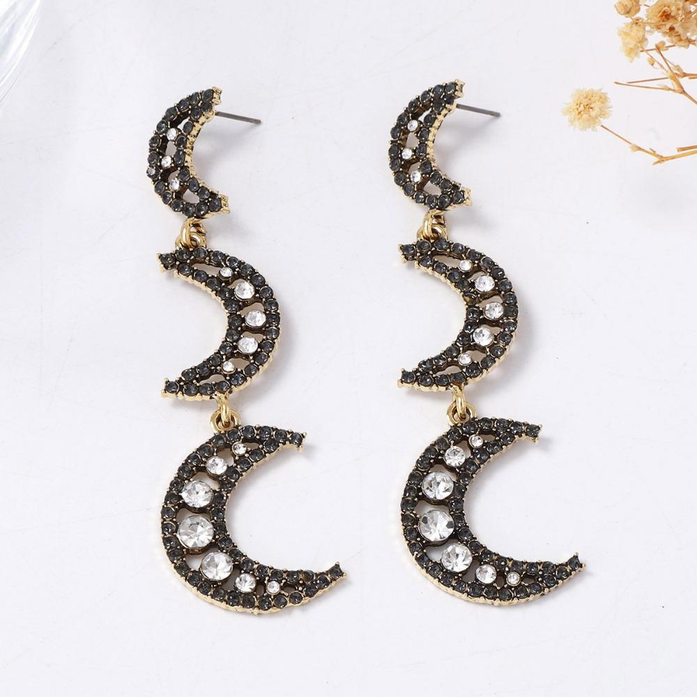 New Exaggerated Personality Shiny Inlay Zircon Hollow Out Moon Splicing Long Dangle Earrings for Women Retro Temperament Jewelry