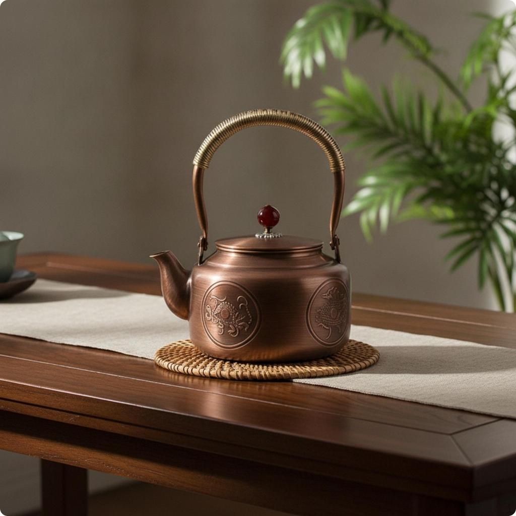 Tea Kettle with Lid Copper Hammered Teapot for Collectors, Kitchen, Camping 0.6L