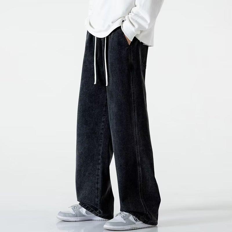 Men's Autumn Winter Fleece Lined Thickened Straight Leg Denim Pants American Style High Street Men's Sports Casual Long Pants