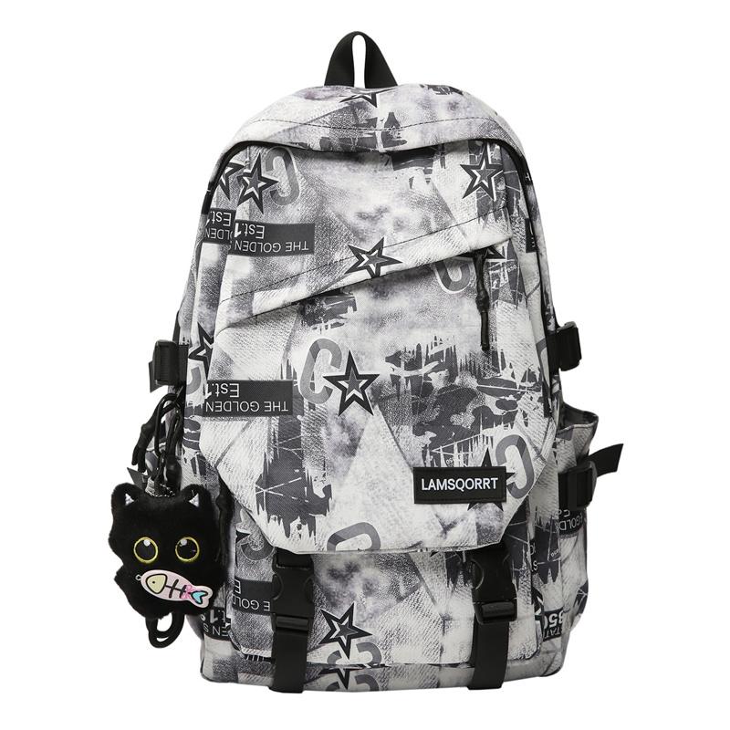 

Student School Bag Nylon Backpack Men s Large Capacity Graffiti Backpack серый/белый