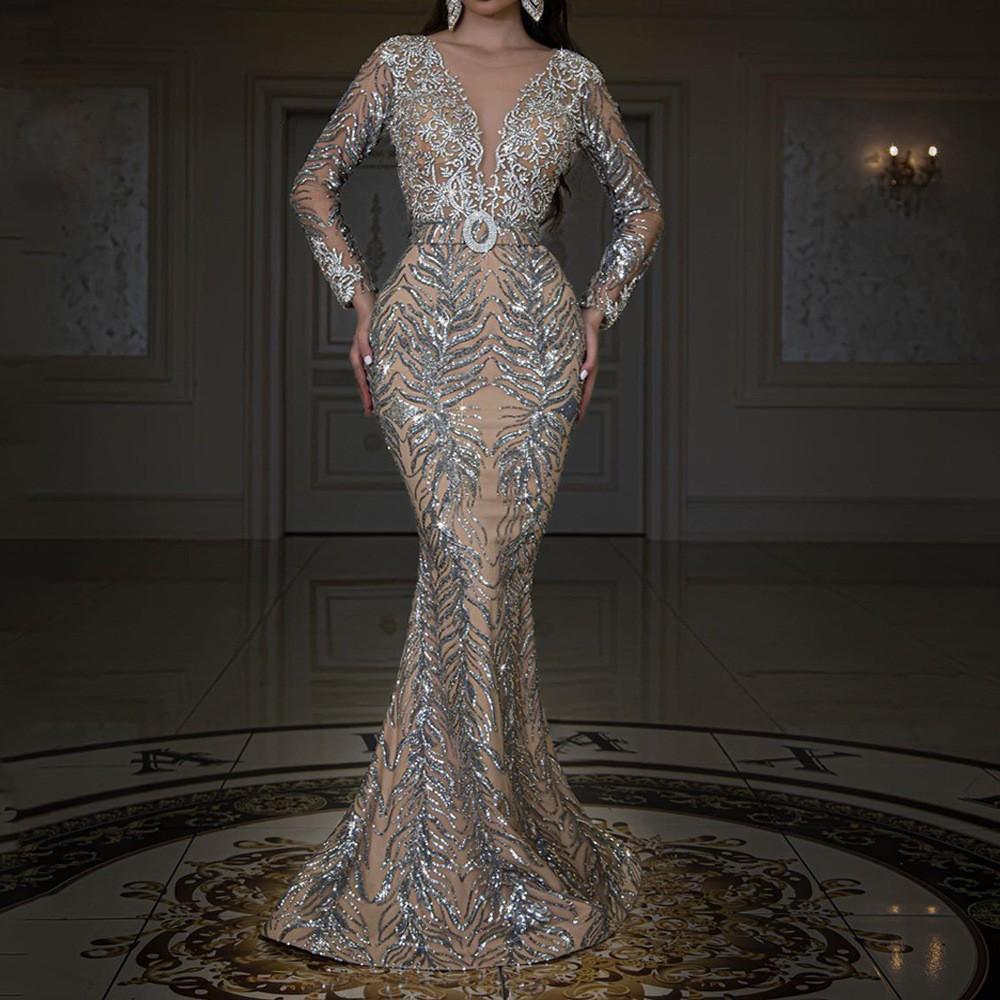 Neues europäisches und amerikanisches Damenkleid, bronzefarben, langärmelig, figurbetont, sexy, Meerjungfrauen-Schnitt, bodenlang, Abendkleid