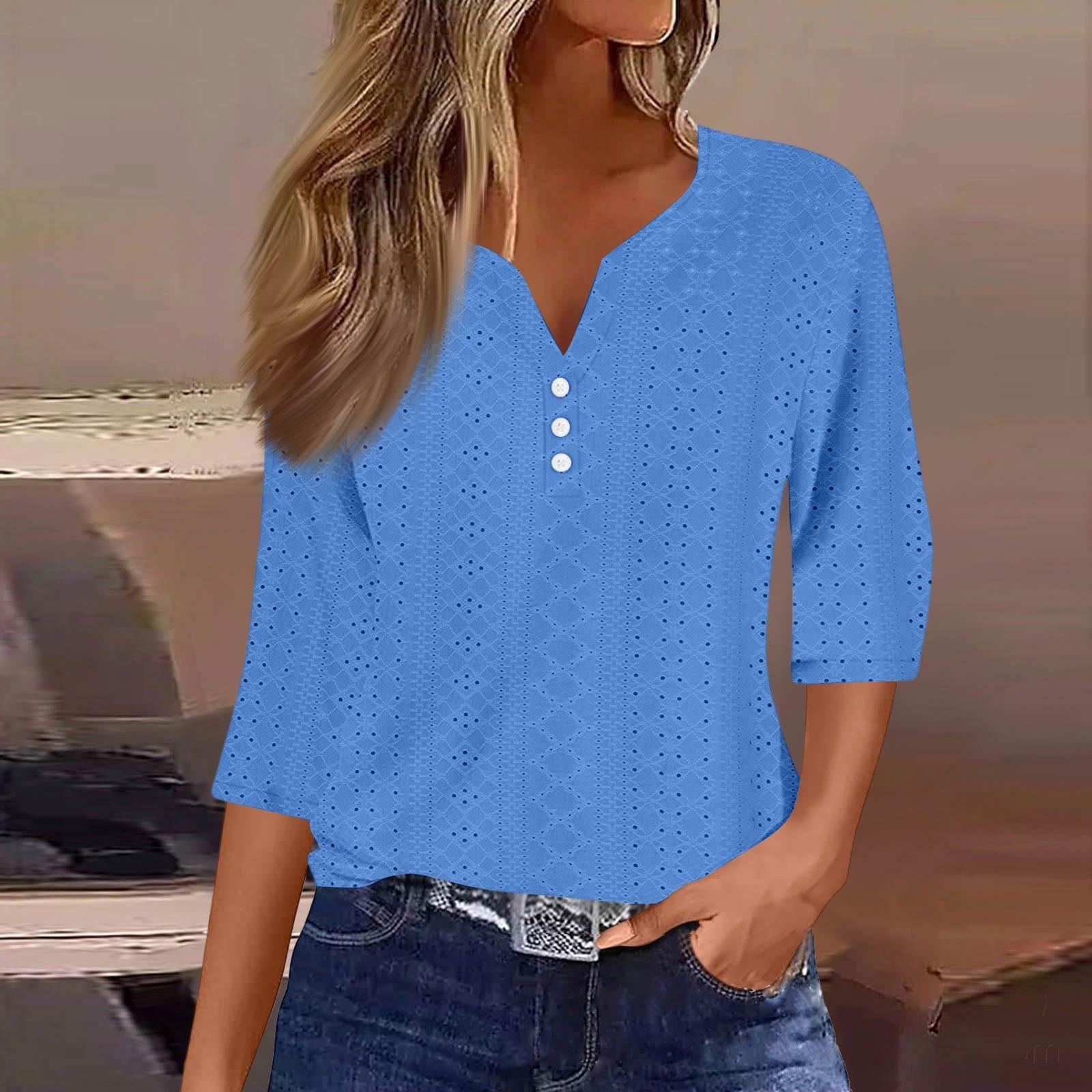 

Женская модная футболка с V-образным вырезом и пуговицами, семь рукавов, повседневные однотонные топы XL синий