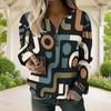 Women Plus Size V Neck Front Zip Sweatshirt Long Sleeve Ribbed Cuffs Geometric Printed Blue White