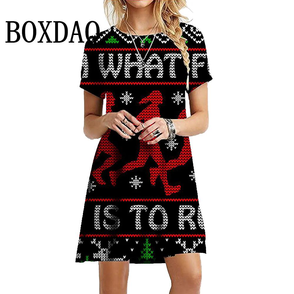 New Year Winter Christmas Deer Snowflake Dresses Women Short Sleeve Loose Tree Fashion Sweet O-Neck Party Dress