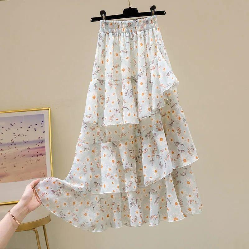 Floral Skirt Women Summer Sweet Ruffled A-line Chiffon Long Skirt Woman Korean Clothing