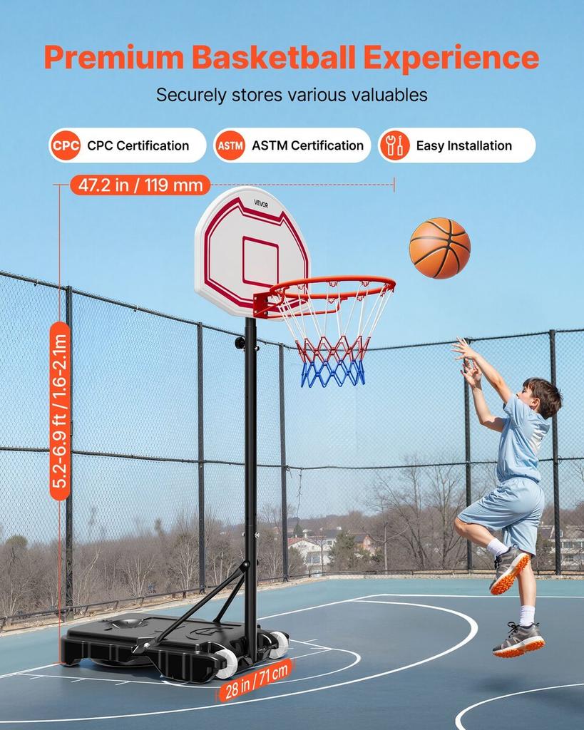 Portable Basketball Stand, 1.6 to 2.1m Height Adjustment Basketball Hoop & Goal, Kids Adjustable Basketballs Hoop with Nylon Net & Rolling Wheels,