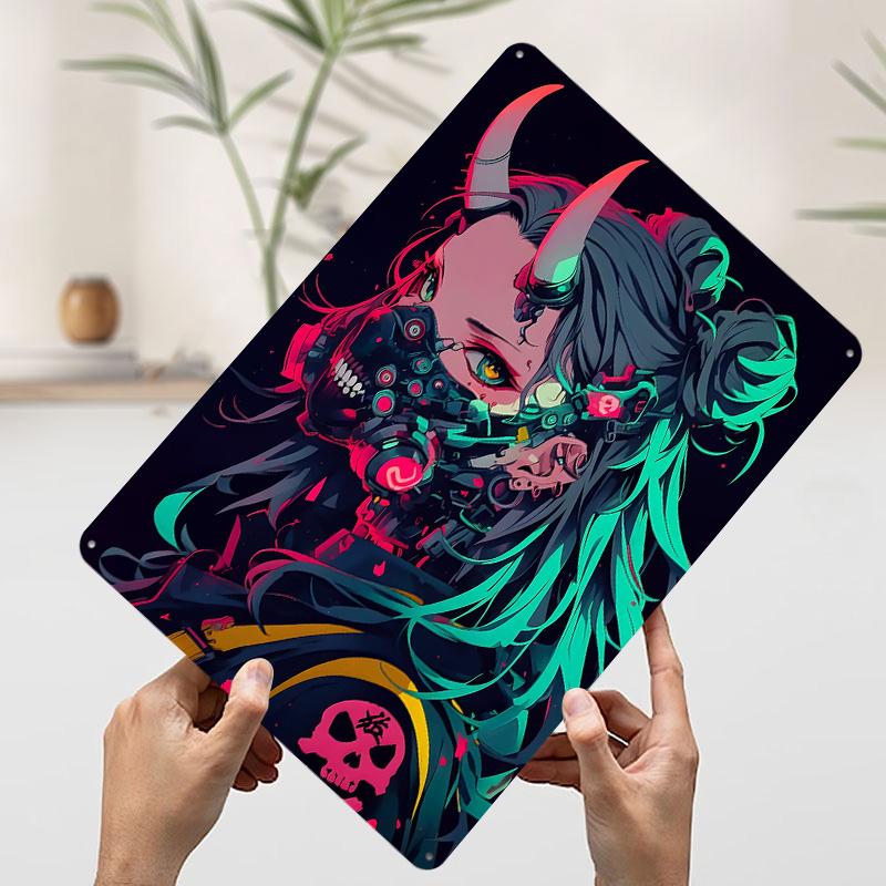 Cyberpunk Anime Girl Poster Customized Vintage Metal Signs Wall Art Retro Tin Plaque for Home Decorations Room Decoration Gaming