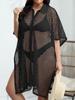 Aesthetic Casual Plus Size Mesh Patchwork Dress Women Fashion Design Loose Short Sleeve Dresses Female Summer Chic Hollow Out Lapel Clothing Lady