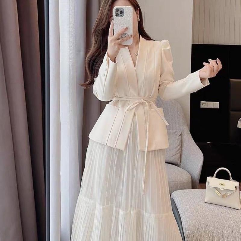 

Весна Осень Юбка Костюм Женский Элегантный Корейский Шнуровка Модный Блейзер + Длинная Сетчатая Юбка Повседневный Вечерний Комплект Из 2-х Предметов XS белый