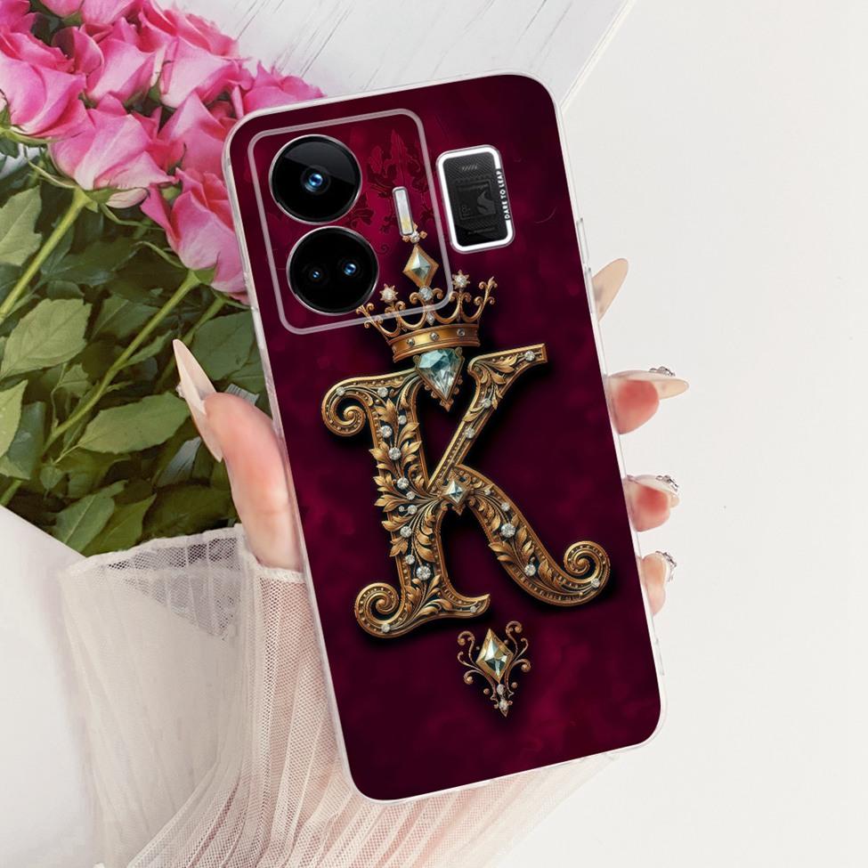 For Realme GT Neo 5 Case Transparent Luxury Crown A-Z Letters 2D Flat Pattern Soft Phone Case For Realme GT Neo5 RMX3706 Cover