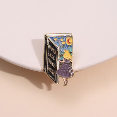 WERE ALL MAD HERE Hard Enamel Pin Fantasy Adventure Movies Girl with Painting Book Badge Brooch for Jewelry Accessory Gifts