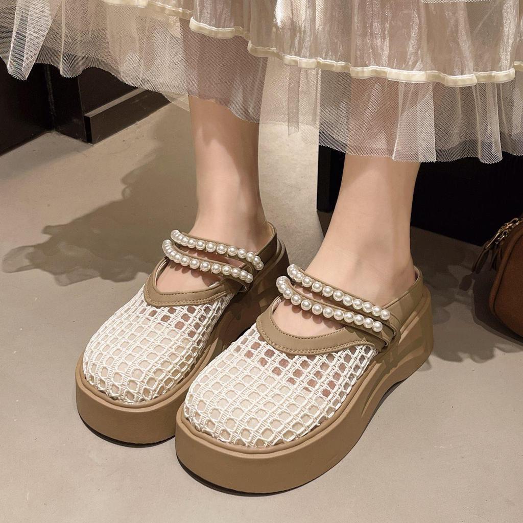 Half Tray Casual Sandals Wear Pearl Fashion Mesh Breathable Summer Bag Head Half Slippers Women'S Thick Bottom