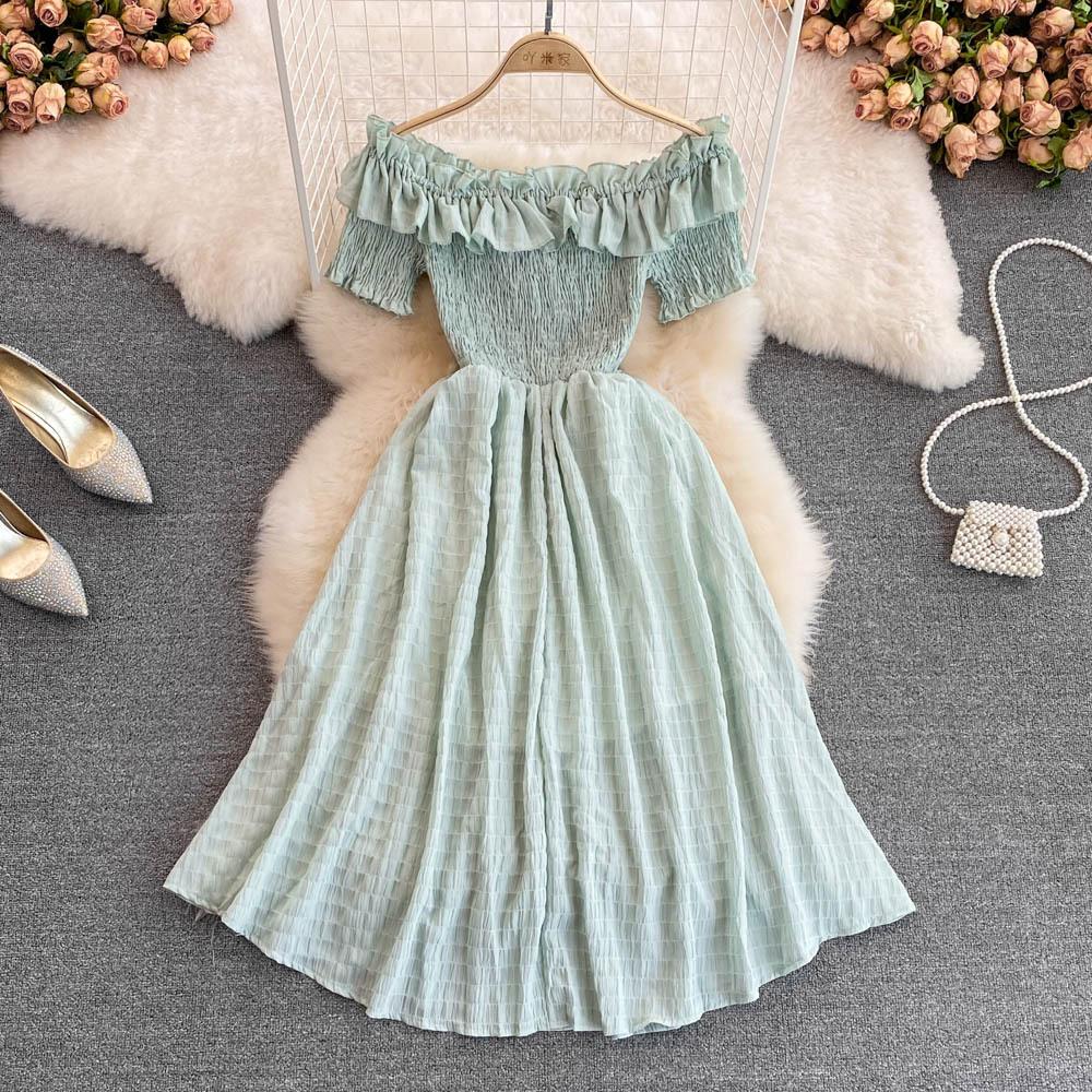 Seaside Vacation Beach Dress Summer Fashion One-word Shoulder Off-the-shoulder Pleated Ruffle A-word Chiffon Dress Short Sleeve