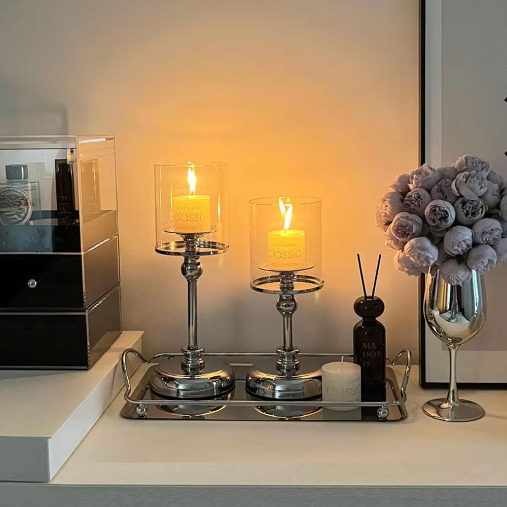 Luxury Wedding Decor Pillar Candle Container with Metal Base Tea Light Holder Glass Candle Holder Candlestick Birthday Gifts
