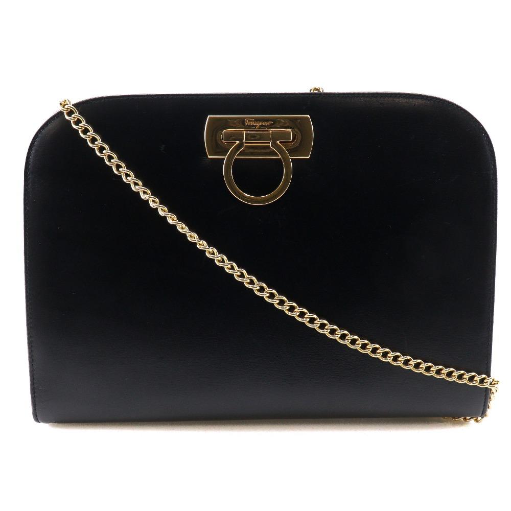 Salvatore Ferragamo ChainShoulder Shoulder Bag P21-0587 Gancini 2-way Clutch Black Calfskin Women Used