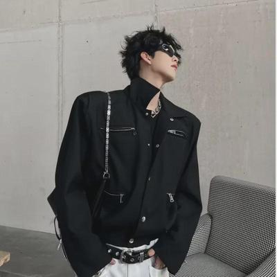 Veste tendance homme 2023 printemps foncé avec fermeture éclair en métal et épaulettes cool