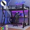 Hochbett Schreibtisch 90x200cm Kinder/Erwachsene, Ambientelicht, Steckdosen & USB, Metallbettgestell Lattenrost, Schwarz (ohne Matratze)