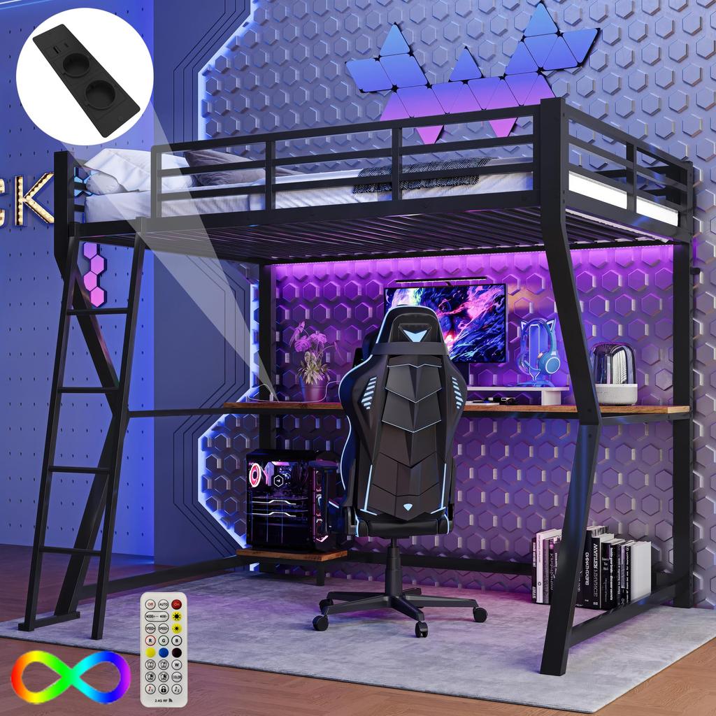 Hochbett Schreibtisch 90x200cm Kinder/Erwachsene, Ambientelicht, Steckdosen & USB, Metallbettgestell Lattenrost, Schwarz (ohne Matratze)