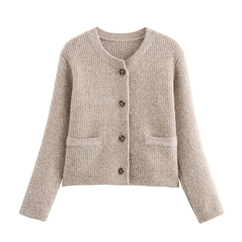 Kaslead New Arrival Women's Clothing Fashion Style Fashion All-Match Wool Sunken Stripe round Neck Knitting Cardigan Outwear