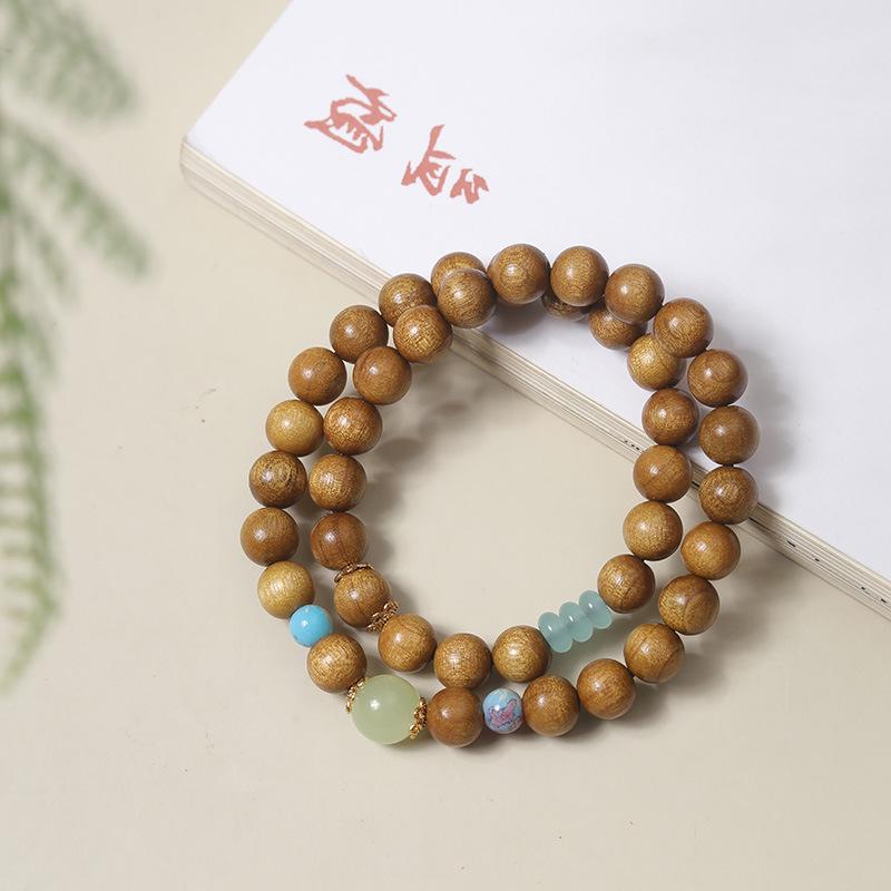 Armband aus goldenem Sandelholzperlen mit Quaste: Unisex Multi-Wrap Rosenkranz im alten chinesischen Stil.