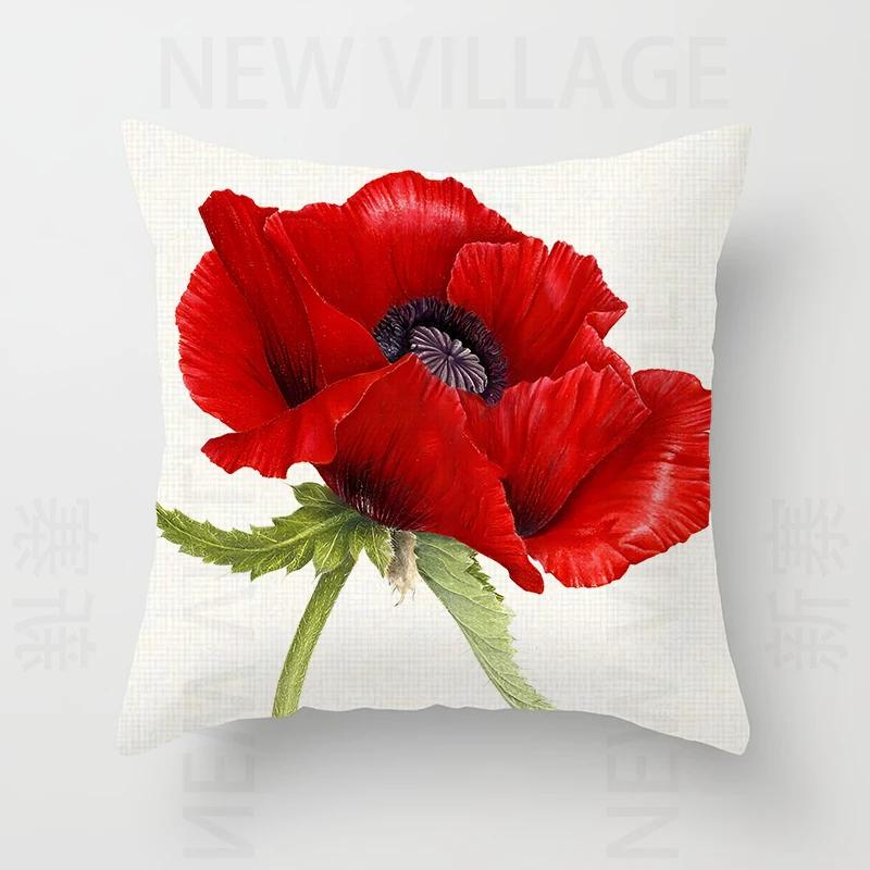 Nordic modern red flower linen pillowcase sofa cushion cover home decoration can be customized for you 40x40 50x50 60x60 45x45