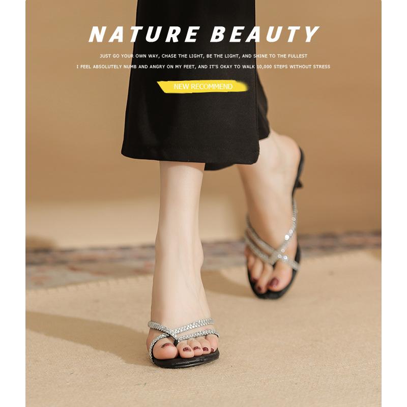 72902 high-heeled slippers women's thin heels 2025 summer new national style cool slippers rhinestone word with mezzanine sandals