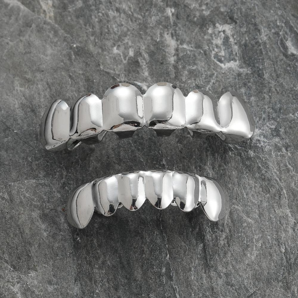 G001 Grillz de Hip Hop para Hombres y Mujeres Iced Out Latón Plateado/Dorado Brillante Juego Superior e Inferior Regalo