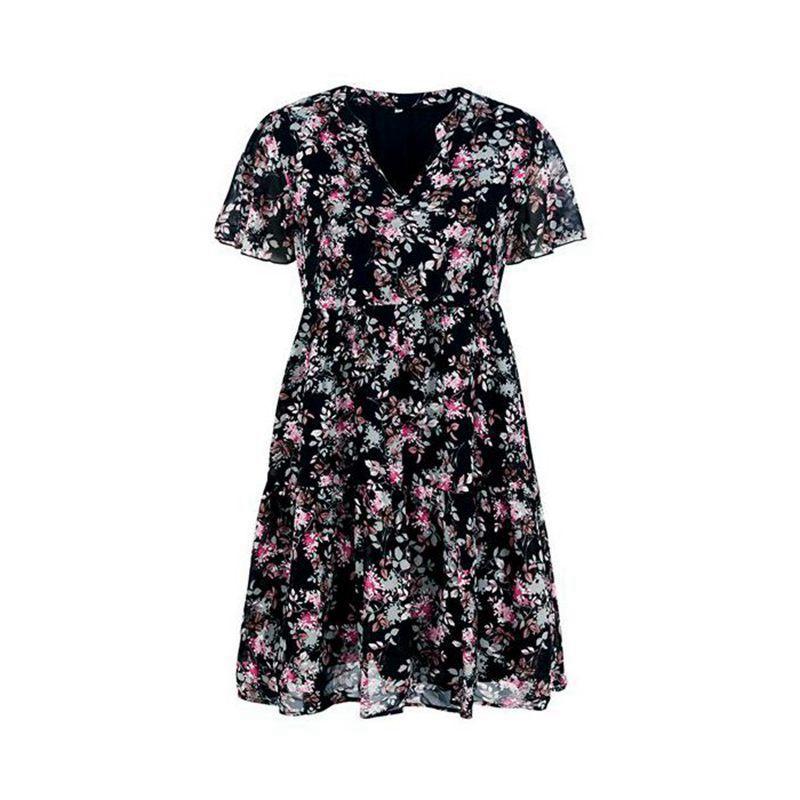 Fashion Floral Dress Women Summer Autumn V Neck Short Sleeve Loose Chic Printed Dresses S чёрный
