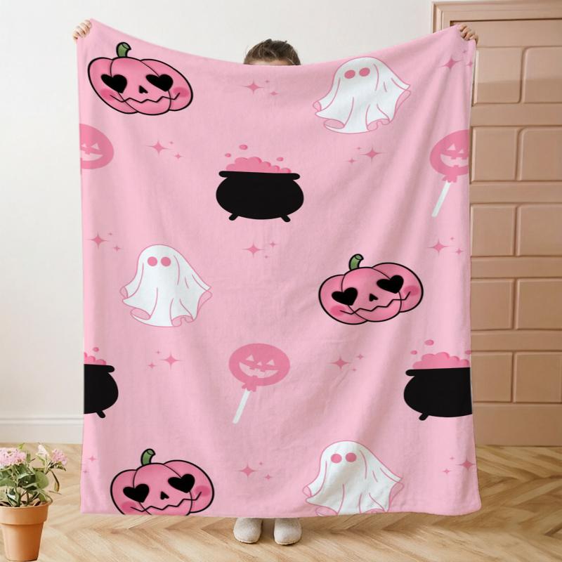 Pink Pumpkin Ghost Cauldron Lollipop Halloween Throw Blanket Balcony Reading Nook Blanket Guest Den Living Room Sunroom Gifts