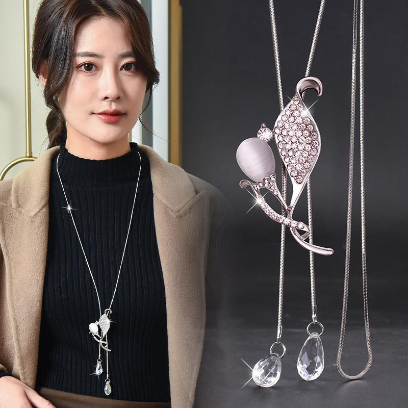 Tulip Artistic Flower Design Long Necklace With Crystal Accents For Women Lovers Fashion