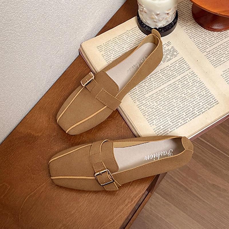 Gürtelschnalle Einzelne Schuhe Damen Frühling Herbst Ballerinas Neu Retro Eckige Zehen Loafers Einfarbig Damen Lässige Slipper Mokassins
