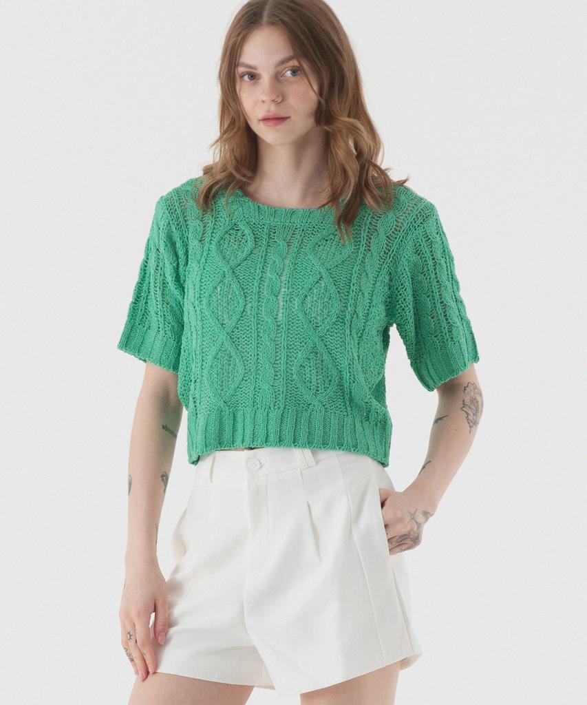 PIANER See-Through Punched Boucle Short Sleeve Knit (Green)