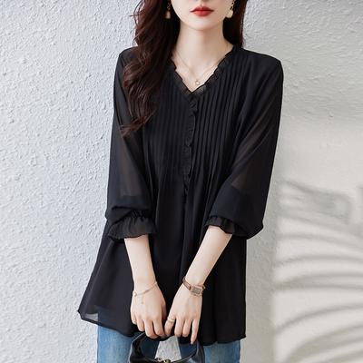 Plus Size Frühling Neue Chiffon Slim Blusen Damen Weiche Shirts V-Ausschnitt Zeigen Dünne Lange Ärmel Solid Black Oversize Tops