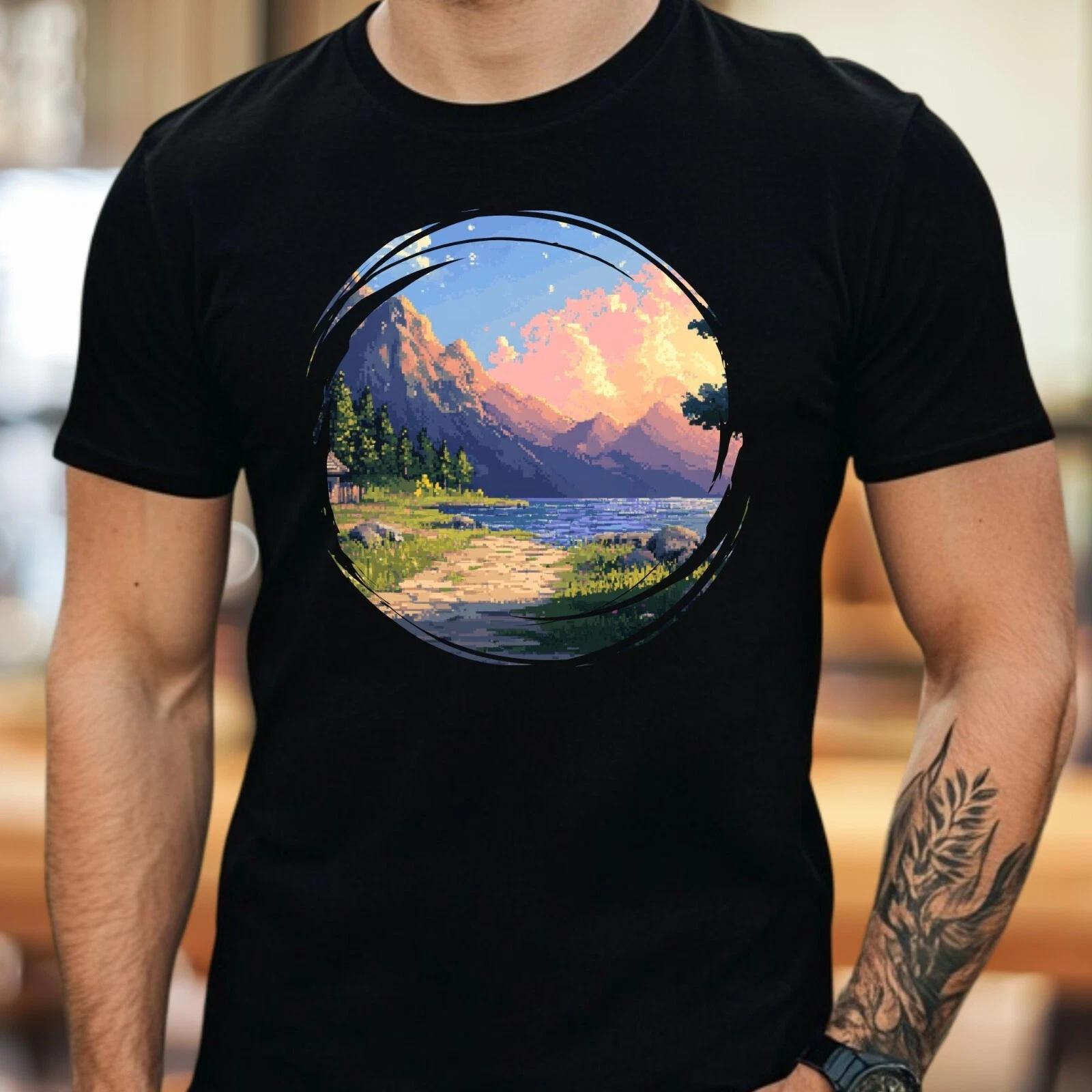 T-Shirt Herren Pixel Art Landschaft Motiv Baumwolle Größe S bis 5XL M