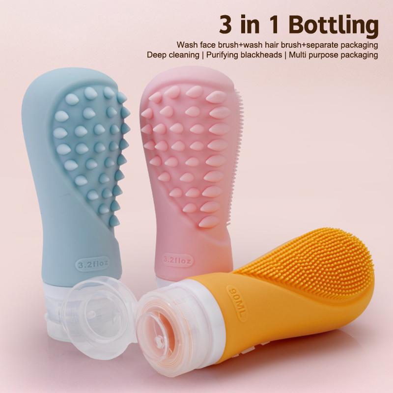 90ML 3in1 Shampoo-Bürste Gesichtsreinigungsbürste Silikon-Reiseflasche Reiseverpackung Lotion Shampoo Tragbare nachfüllbare Silikonflasche