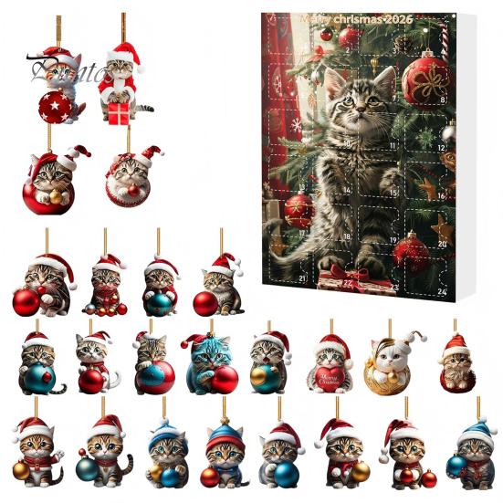 Christmas Advent Calendar Cat Calendar, 24 Days Countdown Cute 2D Kitten Holiday Backpack Charm Accessory Ornaments for Party Tree Decor, Gifts Lovers