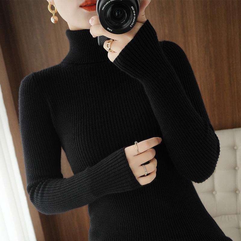 Women's Solid Color High Collar Long Sleeve Slim Fit Knit Sweater - Short & Warm for Autumn/Winter