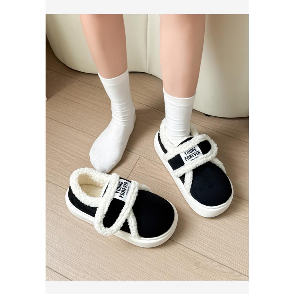 Cotton Slippers for Women To Wear Outdoors In Winter, Indoor Home with Thick Soles and Plush Insulation Bag and Velcro Cotton Shoes