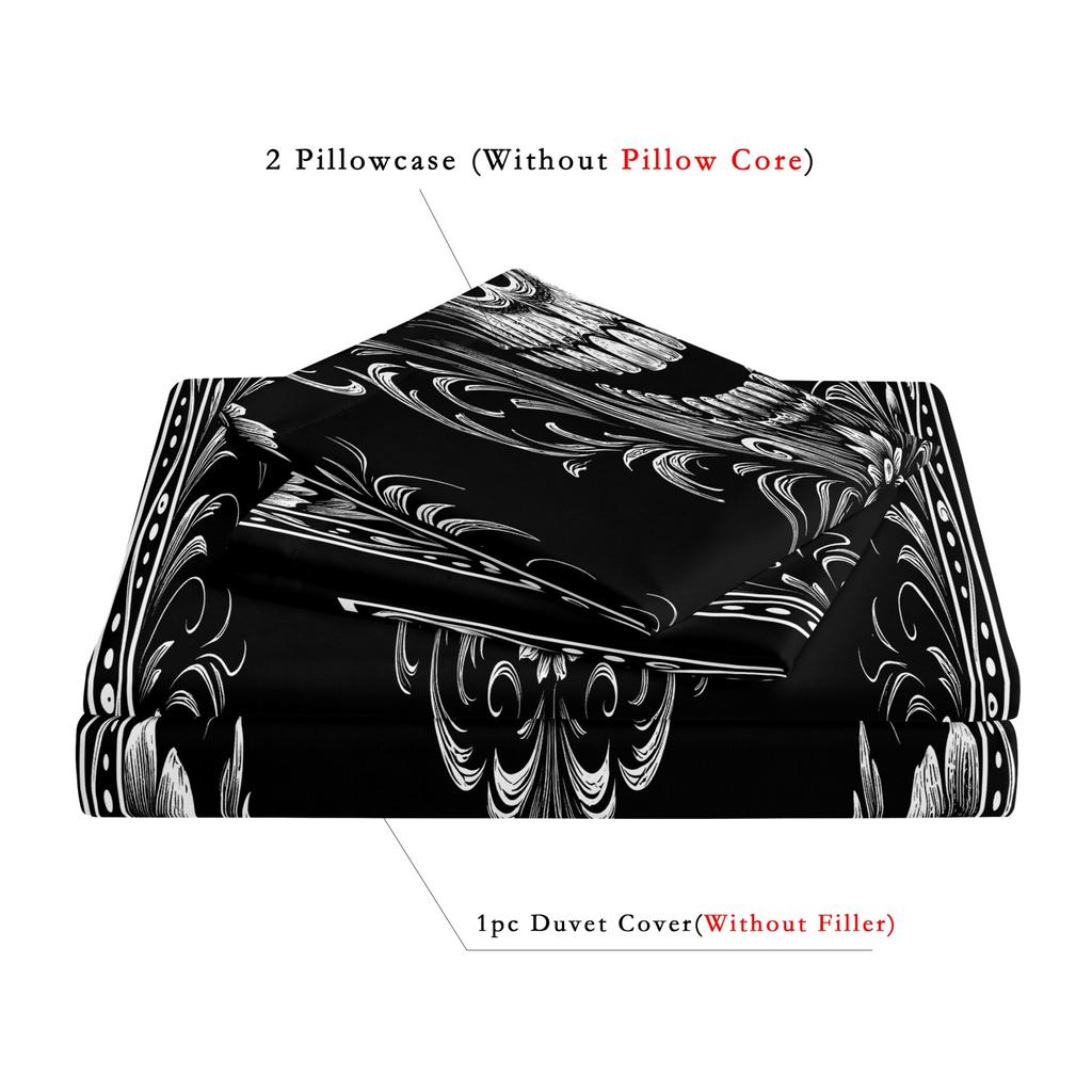 3 Pieces Vintage Ornate Gothic Skull Print Duvet Cover Set, White Scroll Flower Skeleton Dark Art Pattern Bedding