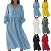 Women's Fashionable Loose-Fit High-Waisted Cotton-Linen Blend Casual Long-Sleeve Dress