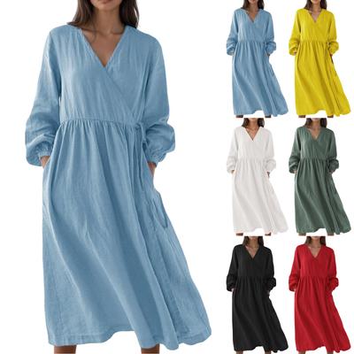 Modisches lockeres Damen-Freizeitkleid mit hohem Bund aus Baumwoll-Leinen-Mischung, langärmlig
