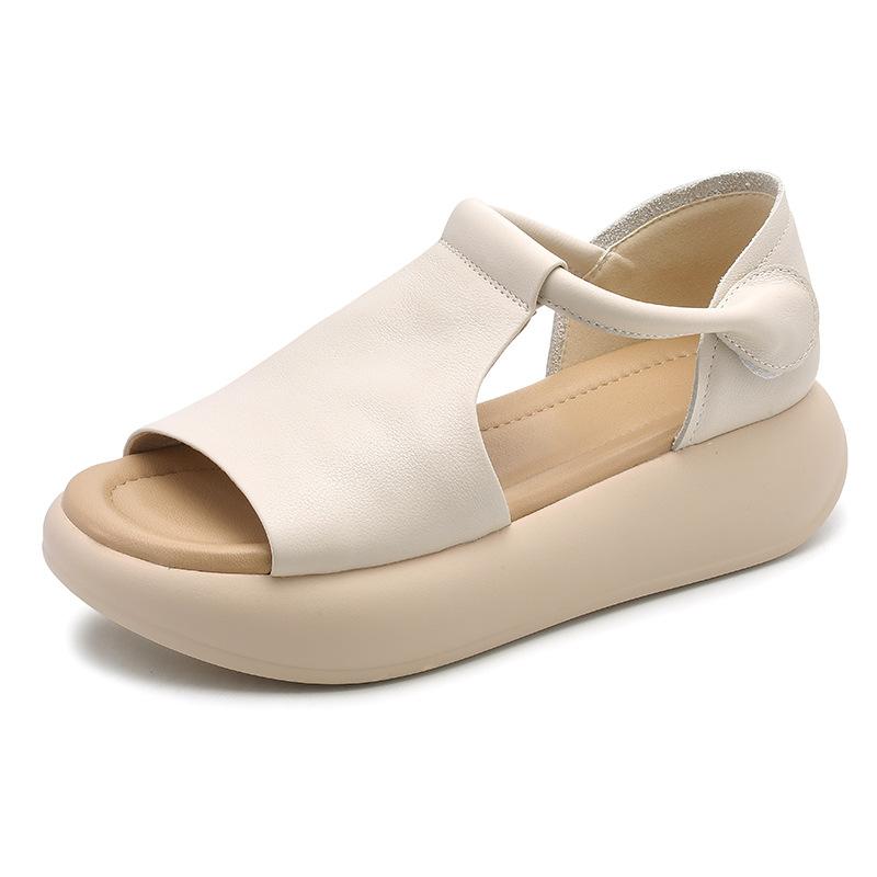 Fashion 5CM Genuine Leather Peep Toe Summer Ankle Booties Women Sandal Hollow Fashion Platform Wedge Flats Shoes Hook Flats