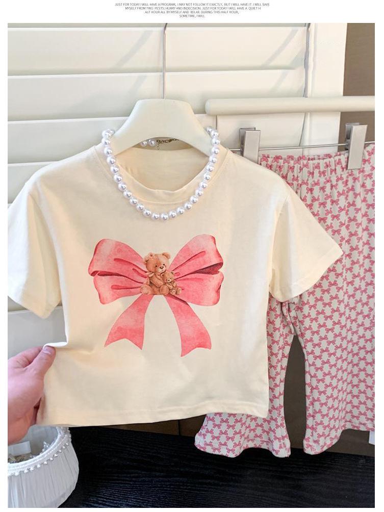 2024 Girls' Summer Bear Butterfly T-Shirt & Flared Pants Set
