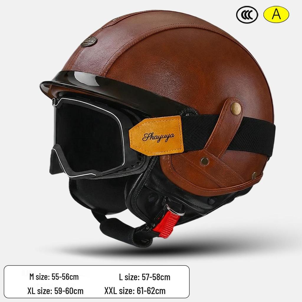 3C Certified Retro Motorcycle Half Helmet, Unisex Leather 3/4 Helmet, All-Season Warm Safety for Motorbikes & Electric Vehicles.