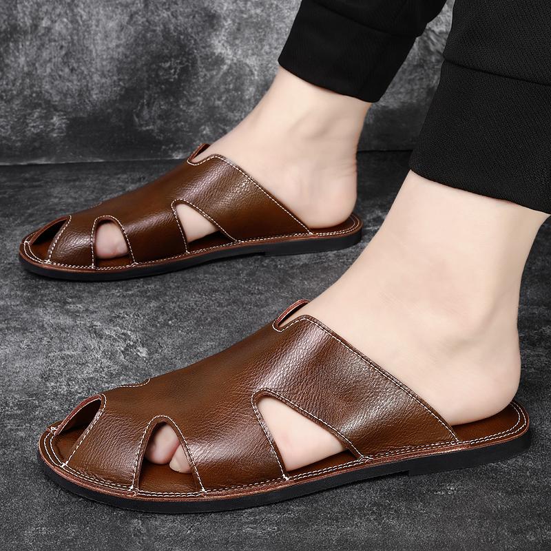Fashion New Arrival Male Half Drag Business Men Lazy Flats Outdoor Men Leather Sandals Quick-Dry Travel Slides Comfortable Beach Shoes
