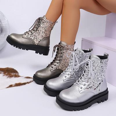 Modische Damenstiefel Luxus Pailletten Lederstiefel Klassische Schnürung Damen Knöchelhohe Stiefel Outdoor Rutschfeste Plateau-Stiefel Bottine Femmes