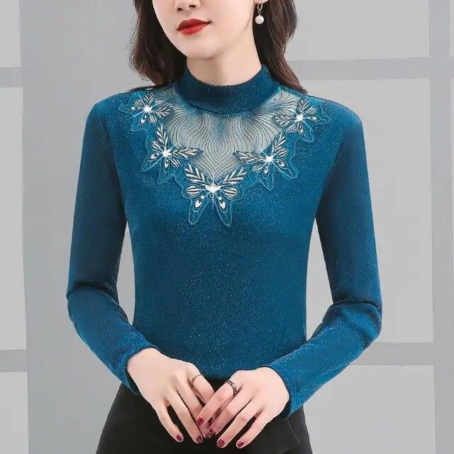 

Футболка с длинным рукавом, осенне-зимняя новая рубашка с высоким воротником и сетчатым низом, женские кружевные пуловеры, топ M-5XL M